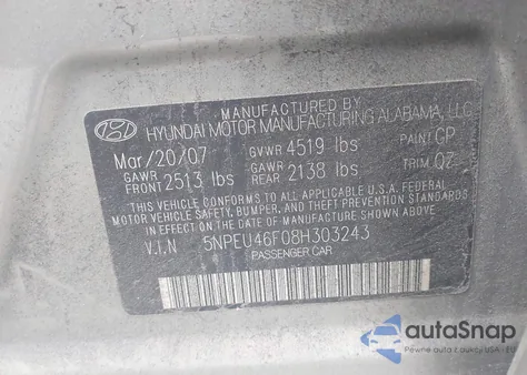 2008 Hyundai Sonata Limited V6/Se V6 z USA, uszkodzony, nr VIN 5NPEU46F08H303243